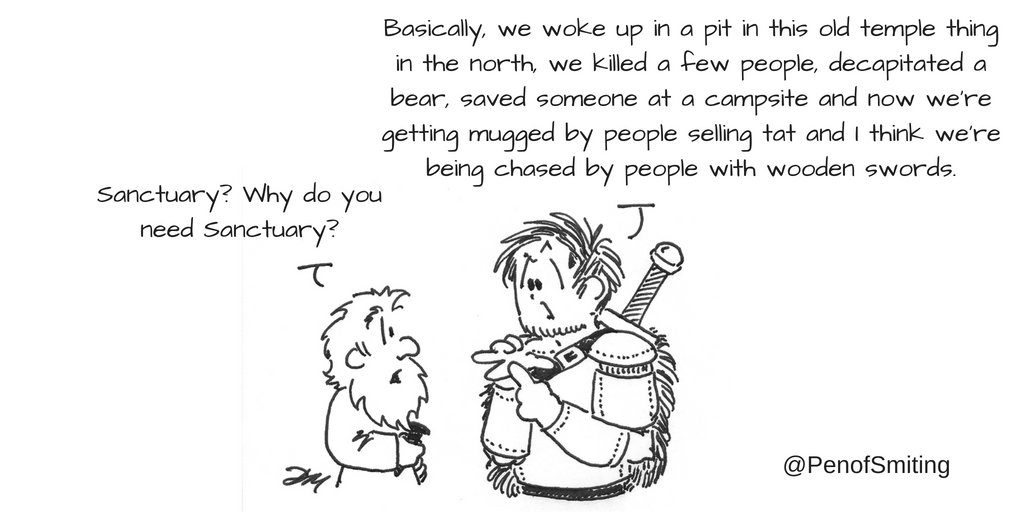 A scene from the Original series. A line drawing of a short man with a beard asking the other why they need sanctuary. The adventurer responds
"Basically, we woke up in a pit in this old temple thing in the north, we killed a few people, decapitated a bear, saved someone at a campsite and we're getting mugged by people selling tat and I think we're being chased by people with wooden swords"
artist's signature is at bottom right, @PenOfSmiting