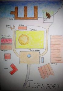 a map of the village of Isenport used in the Penance RPG Halloween 2018 ttrpg project