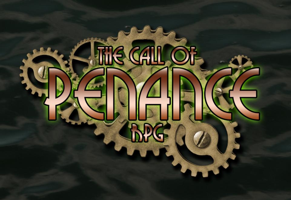 A dark green background that resembles crumpled fabric. Bronze machine cogs of various sizes  are overlaid with bronze lettering reading "The Call of Penance RPG" with green highlights behind the words.  Keywords: rpg, logo, call of cthulhu. call of penance, cthulhu