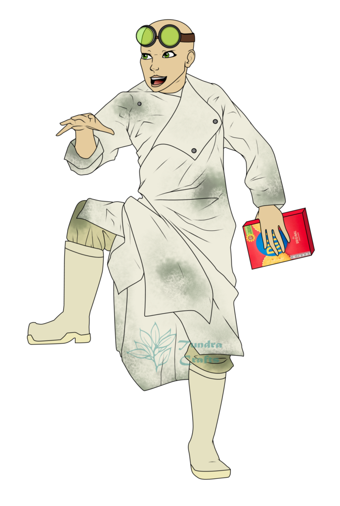 A bald figure in a long, stained white lab coat and big white wellie boots. Light green trousers can be seen as she lifts one knee to waist height. Her left hand is holding a box of crackers. 

Dr Stein's mouth is open in a wide smile, green eyes look off to the left, the colour mirrored by the goggles atop her head.