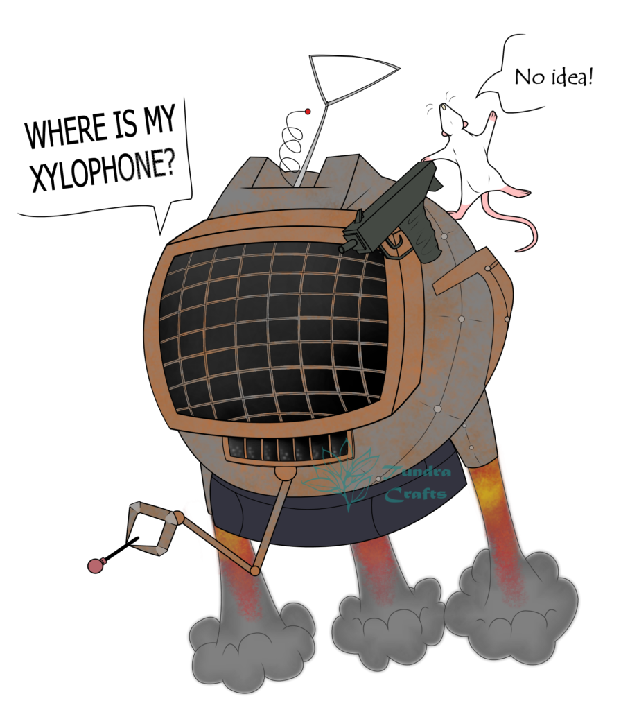 a cartoon flying Roomba (Tam-Tam) with an old fashioned diving helmet on top. There are jets at the bottom to propel it, a tiny grabber arm, a handgun afixed at the top of the 'mask' and a small white rat (Index) behind the gun. The Roomba is asking 'Where is my xylophone?' and the rat replies 'no idea!!'