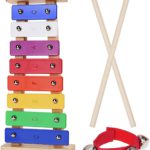 A rainbow coloured mini glockenspiel with beaters and a small wrist strap with 4 bells on it