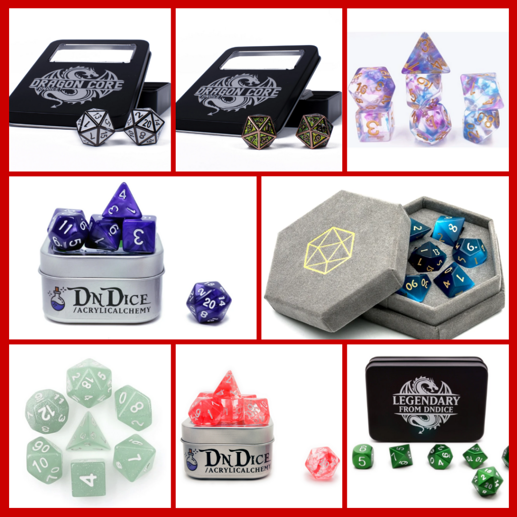 A collage of metal, acrylic, resin and gemstone TTRPG dice. Some show a few of the dice, others show the full set of polyhedral dice L-R: metal dice with inlaid enamel, bronze dice with green glitter enamel inlay, clear dice with blue and purple swirls, acrylic purple swirled dice, a grey box holding blue tiger eye dice, very pale grey acrylic dice with silver glitter, clear resin dice with red swirls and very shiny green metallic dice.