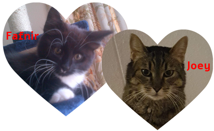 All Cat Traz 1 mascots - Two overlapping heart shaped photo frames, on the left is a black kitten with white paws labelled "Fafnir". On the right is an adult tabby gazing at the viewer labelled "Joey" 