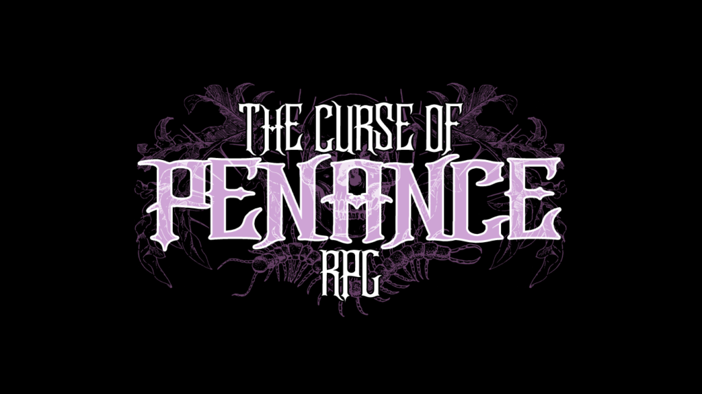 A black background with white and purple text reading "The Curse of Penance RPG". Behind it lies a faint drawing of a purple skull with bones and arthropods Curse of Strahd, dnd5e d&d d&d5e module