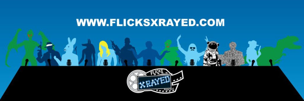 A mid blue background with a row of mics in black silhouette, behind which stands an array of people of different species including human, dinosaur, mothman, rabbit person and zombie.
Bottom middle has the Flicks X-Rayed logo of the name overlaying a film reel.

Keyword: Echoes 1