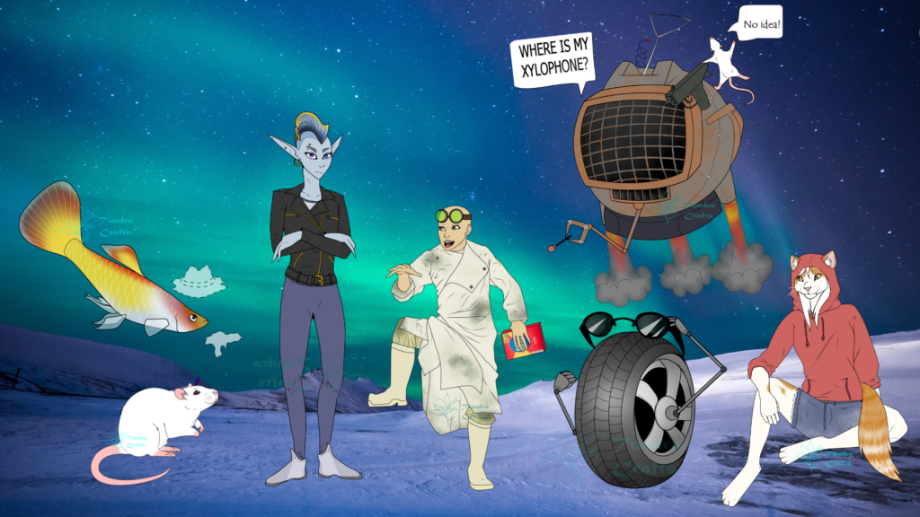 Characters from 2115 in front of a Northern Lights sky. Left to right are:
Tex, Index, Irois, Dr Stein, Tam-Tam, A. Tyre & Lottie