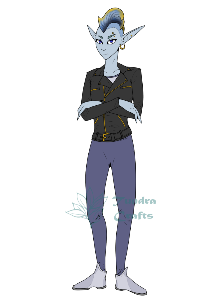 An illustration of a slender figure with blue-grey skin and a yellow edged fin in place of a mohawk. The person is wearing form fitting grey bodysuit and sleek shoes, covered by a black bikers jacket with gold/brass zips. 
Several piercings dot their face and long elven ears.
Small eyebrows look like they might be fins.