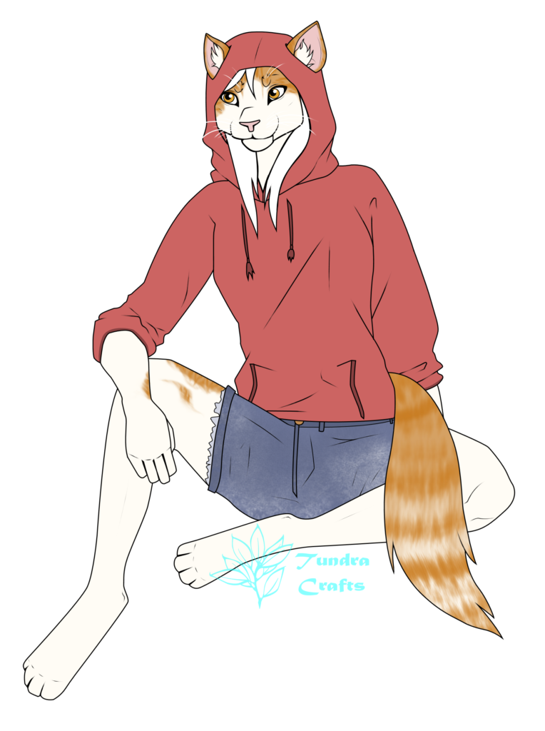 A white and ginger tabaxi (humanoid cat person) sitting with legs half crossed. She is wearing a red hoodie with pink ears sticking out and blue shorts, with her tail laying over her left leg.