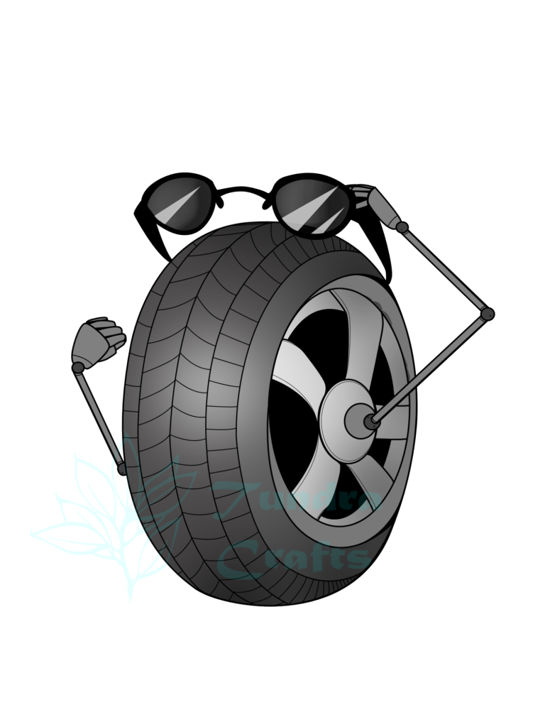 A large tyre in three-quarter profile, with thin metal arms extend from each side of the central axel, one large metal hand holds sunglasses over the top of the tyre