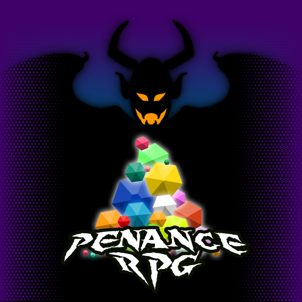 A purple image with a black silhouette with horns in the middle, fading through purple. In front of the figure is a pile of gemstones. White text reads 'Halloween 2021 Penance RPG.