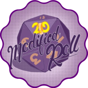 A purple logo with a twenty sided die and the words 'Modified Roll'